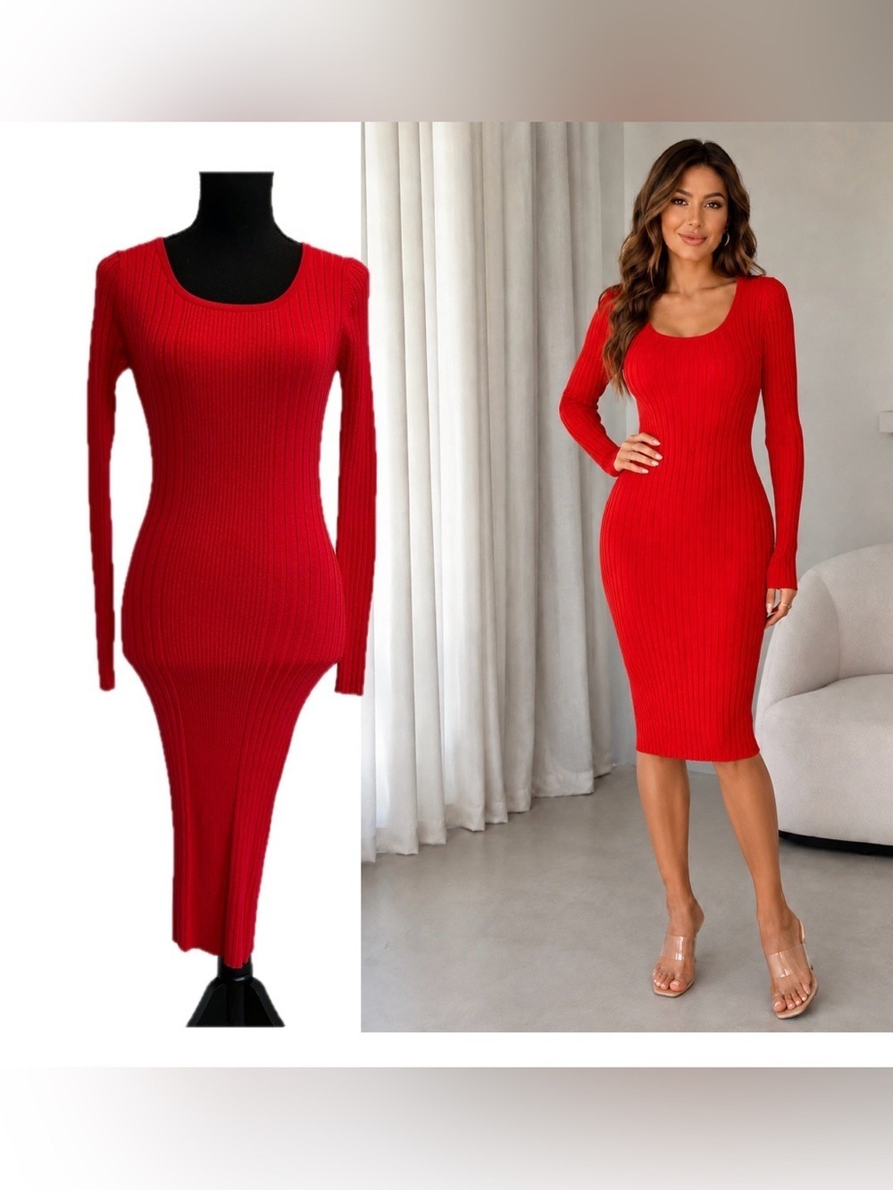Red Ribbed Knit Long Sleeve Bodycon midi Dress Sz M